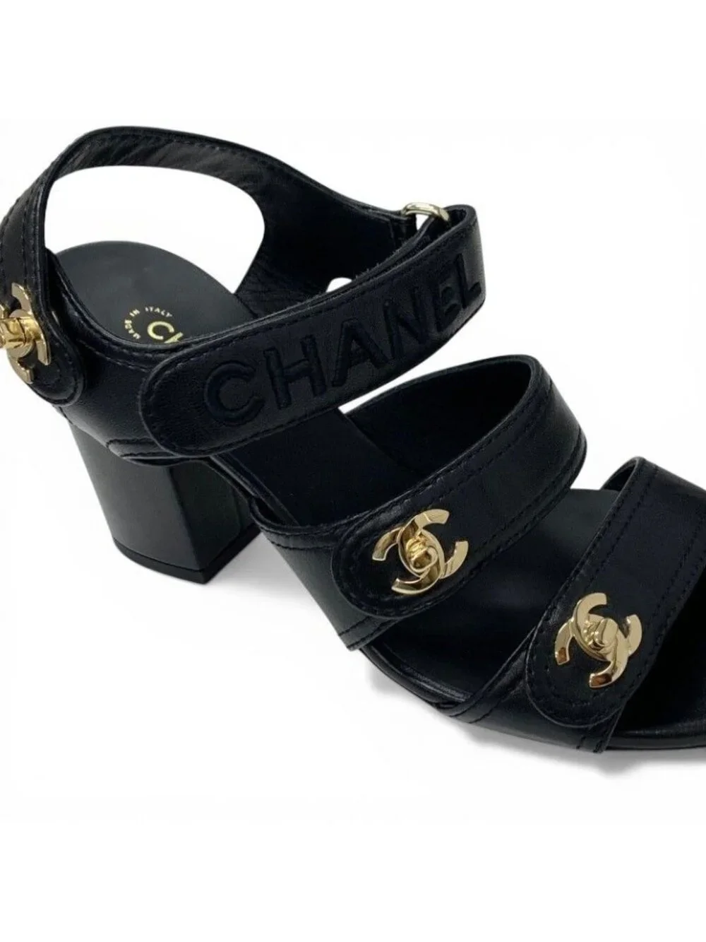 Chanel Sandals Shoes Leather Black Gold CC Logo Turnlock Velcro Strap - Picture 9 of 10